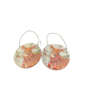 Deer Fawn Round Wood Christmas Holiday Ornaments‎ 4 x 4 Set Of 2 NEW Rustic Farm